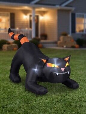 Gemmy Airblown Inflatable 4 Foot Halloween Black Cat Orange Striped Tail LED